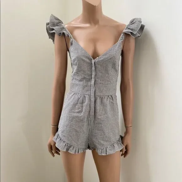NEW LOVESHACKFANCY Revole Lucy black and white gingham ruched back romper 0